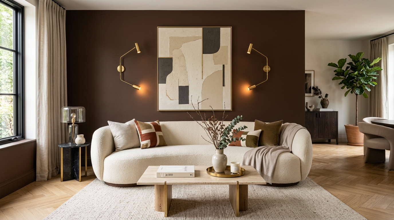 Chocolate Brown Accent Wall with Cream Sofa
